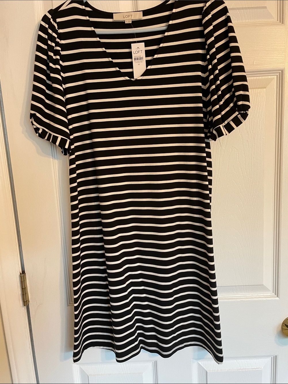 LOFT Black and White Striped V-Neck Short Sleeve Dress